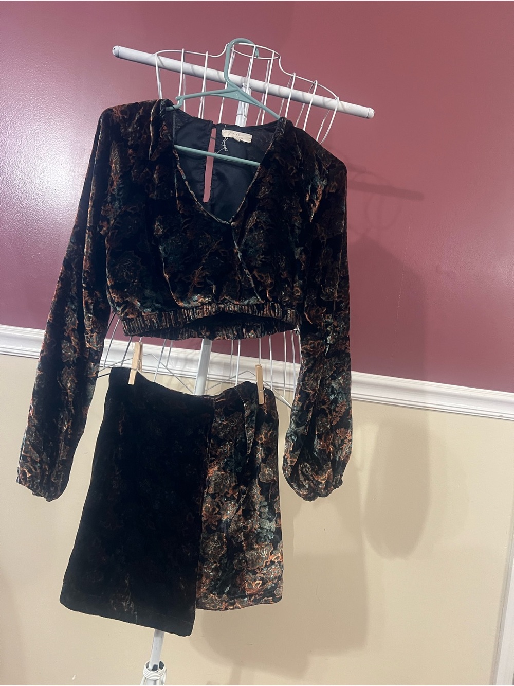Chelsea & Violet Velvet Floral Crop Top and Skirt Set in Black and Brown
